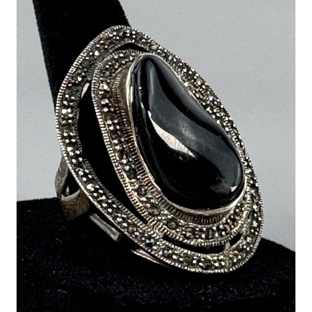 Sterling Silver Black Onyx Marcasite 925 K Thai Statement Ring Size 8.75